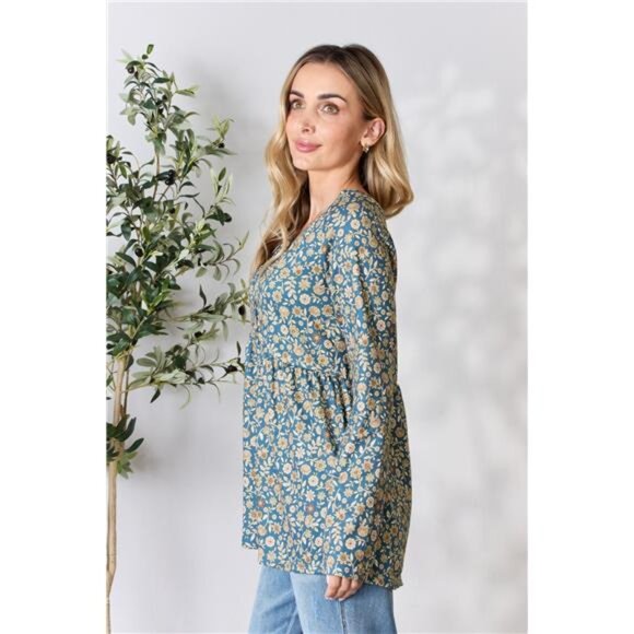 Heimish Full Size Floral Half Button Long Sleeve Blouse - Picture 2 of 10